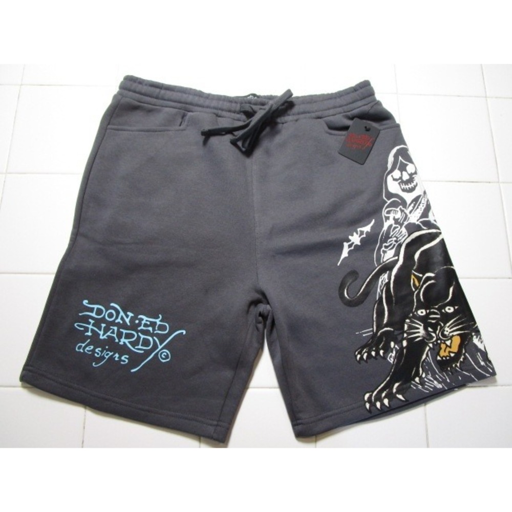 Ed Hardy Panther Grim Reaper Graphic Sweat Shorts Ash Gray Men's Medium